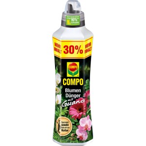 Compo Blumendünger mit Guano, 1,3l Flasche mit Blumenmuster und Hinweis auf 90% Altplastik.