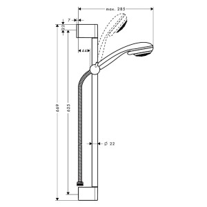 Hansgrohe Crometta 85 Vario Brauseset mit 65 cm Brausestange, Chrom, technische Zeichnung.