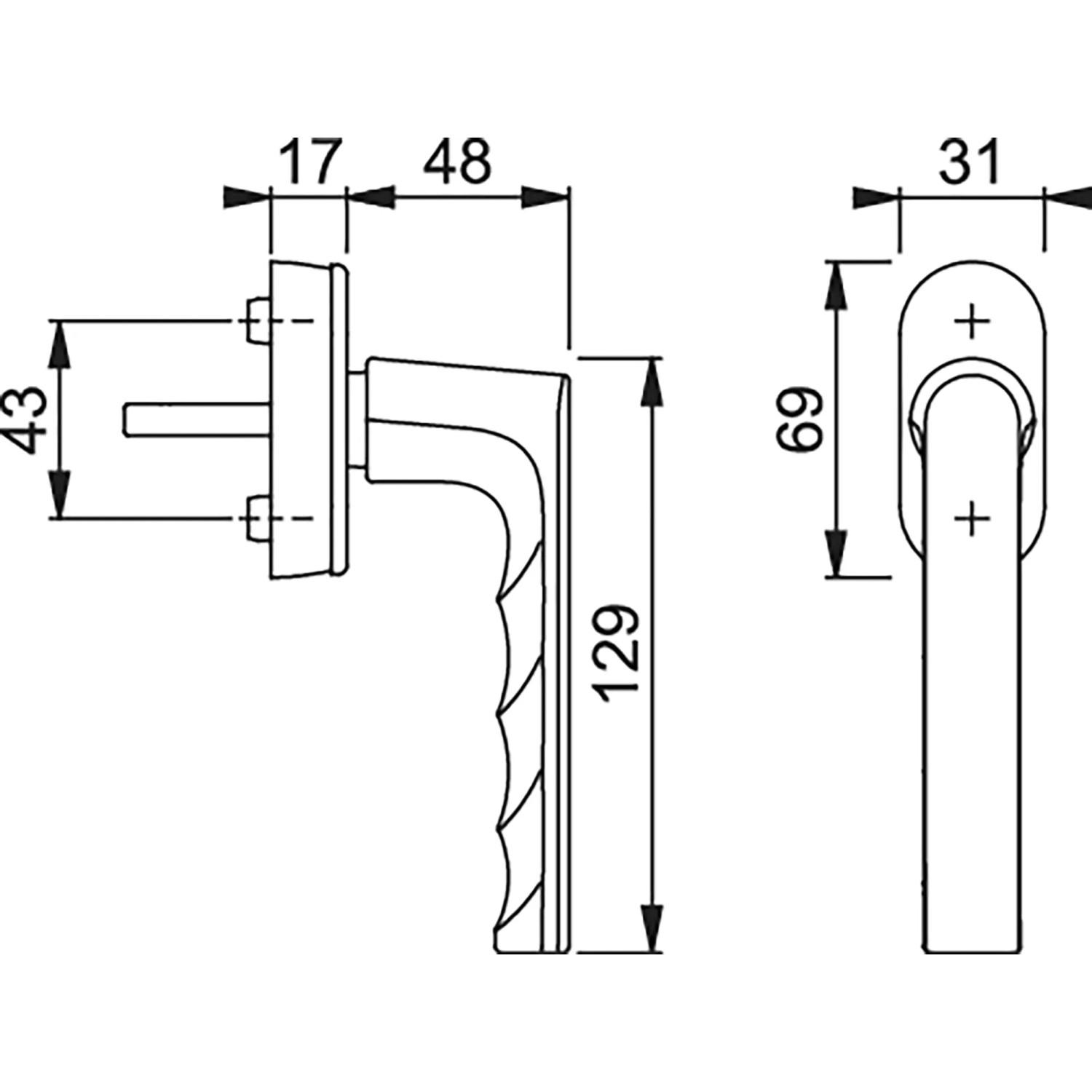 Technische Zeichnung Hoppe Dreh-Kipp-Fenstergriff Hamburg, Aluminium Silber mit Maßangaben.