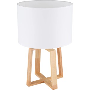 Globo Tischlampe Moritz, braunes Holzgestell mit weißem Textilschirm, Design-Tischleuchte.