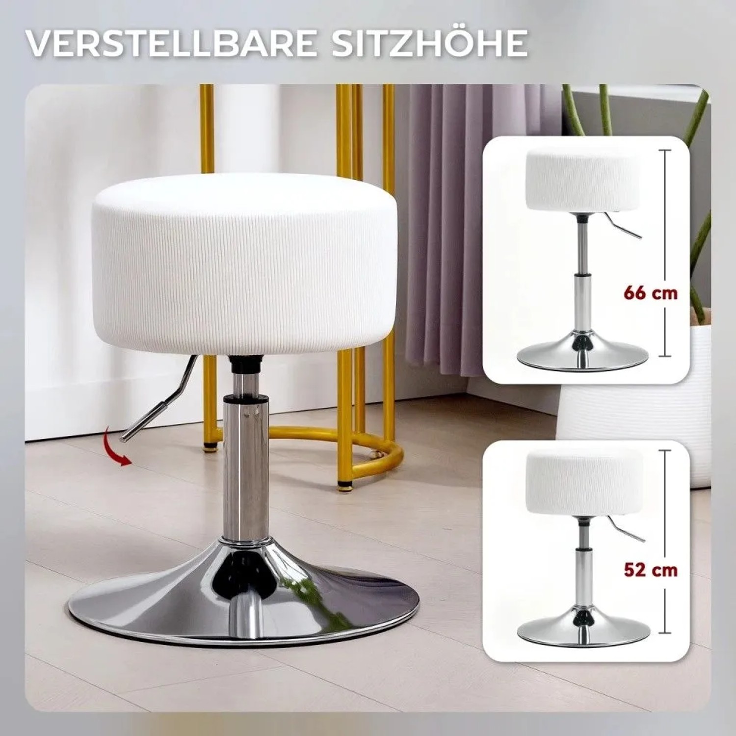 Weißer, gepolsterter HOMCOM Barhocker mit Metallgestell, höhenverstellbar von 52-66 cm. Ideal für Küche & Wohnzimmer.