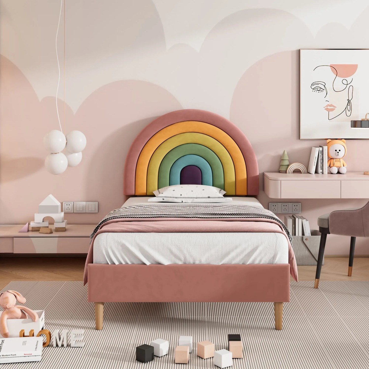 okwish Polsterbett 90x200cm mit Höhenverstellbarem Kopfteil Jugendzimmer Rosa ohne Matratze_6