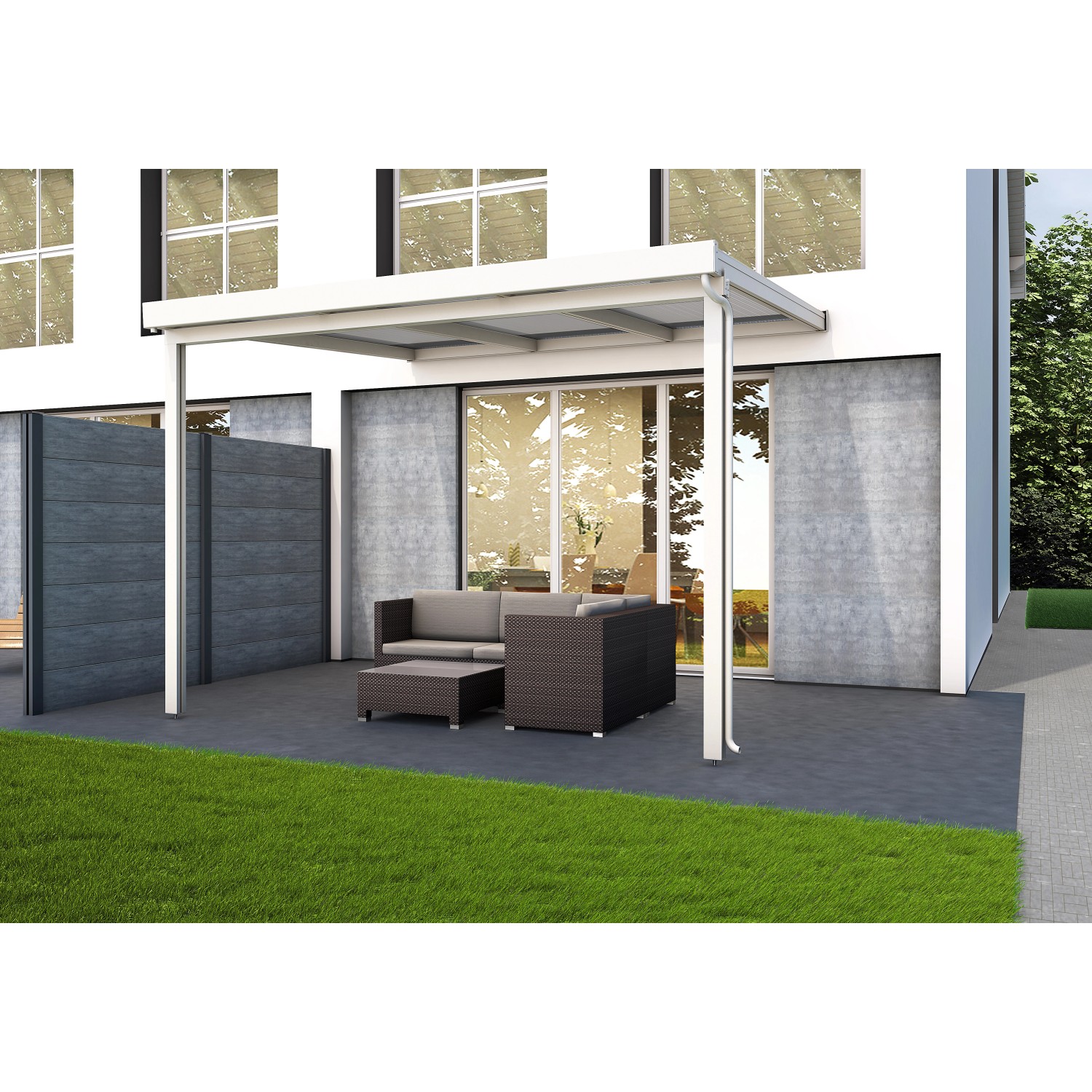 Weiße Terrassenüberdachung Premium 309x306 cm mit Polycarbonat-Dach und Sitzgruppe auf Terrasse.