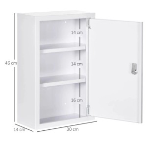 Weißer Kleankin Medizinschrank aus Stahl mit 3 Fächern, abschließbar. Offene Tür zeigt Innenraum und Maße 30x14x46 cm.