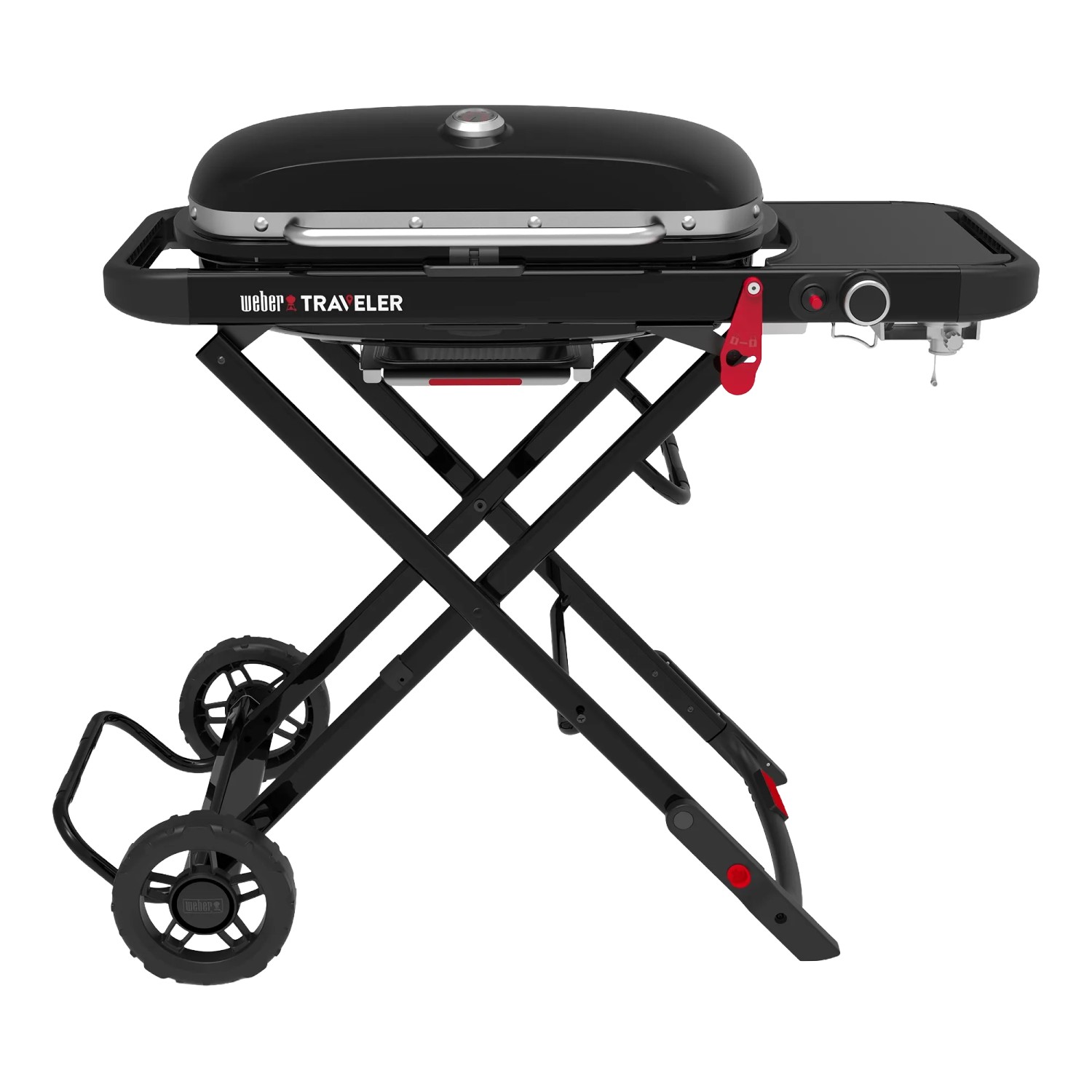 Weber Traveler Camping-Gasgrill mit Rollwagen, 1 Brenner, schwarz. Kompakter Grill für unterwegs.