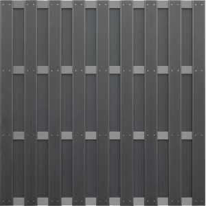 Anthrazitfarbener WPC-Zaun, 180x180 cm, mit Aluminium-Querriegeln für den Sichtschutz im Garten.