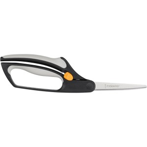 Fiskars Buchsbaumschere S50 mit grau-schwarzem Griff und orangefarbener Arretierung.