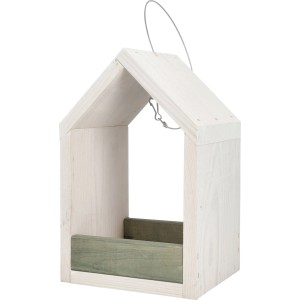 Weiß-graues Vogelhaus aus Holz mit Metallhaken für Meisenknödel. Ideal als Vogelfutterspender.