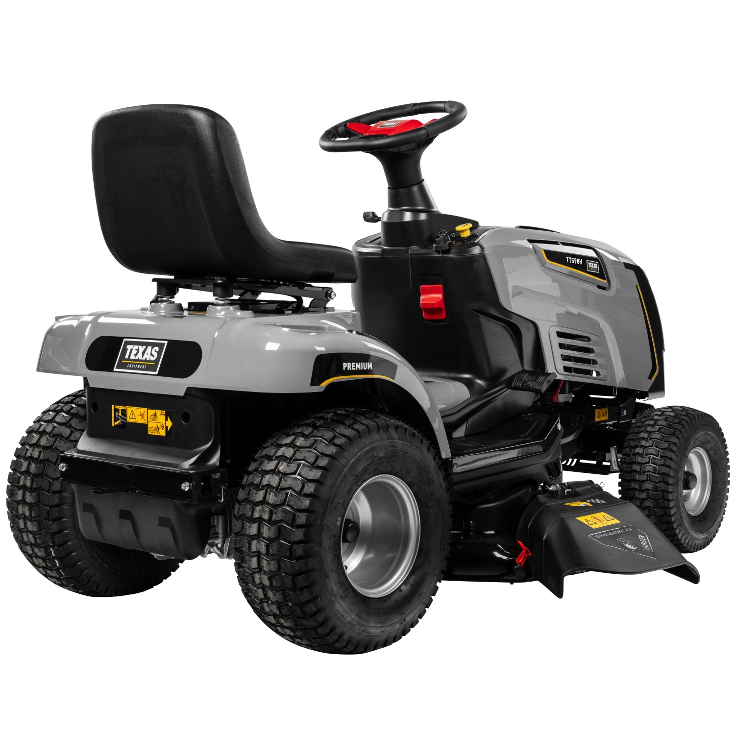 Texas Premium TTS98H Rasentraktor: Aufsitzmäher mit großem Sitz und robusten Reifen.