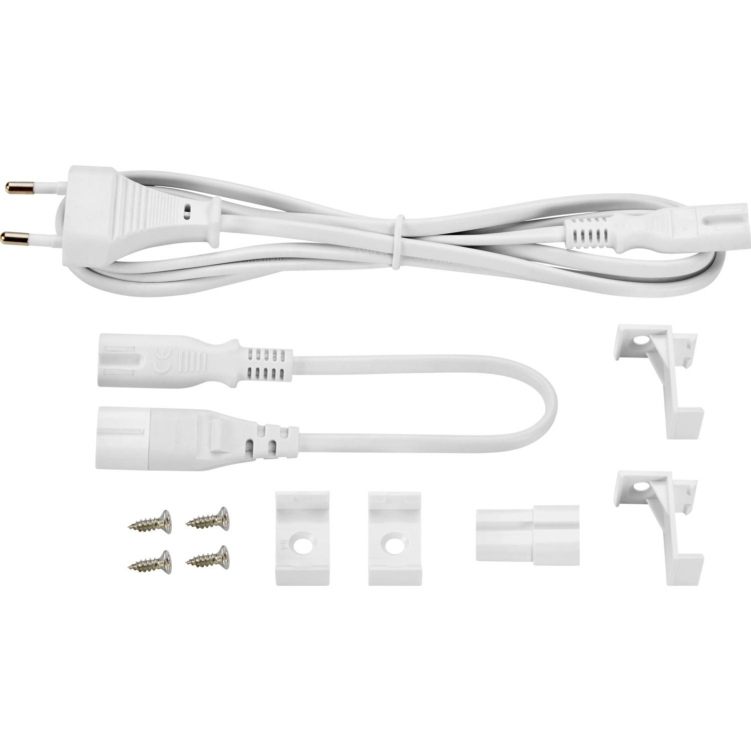 Zubehör für LED-Lichtleiste: Kabel, Verbinder, Halterungen und Schrauben.