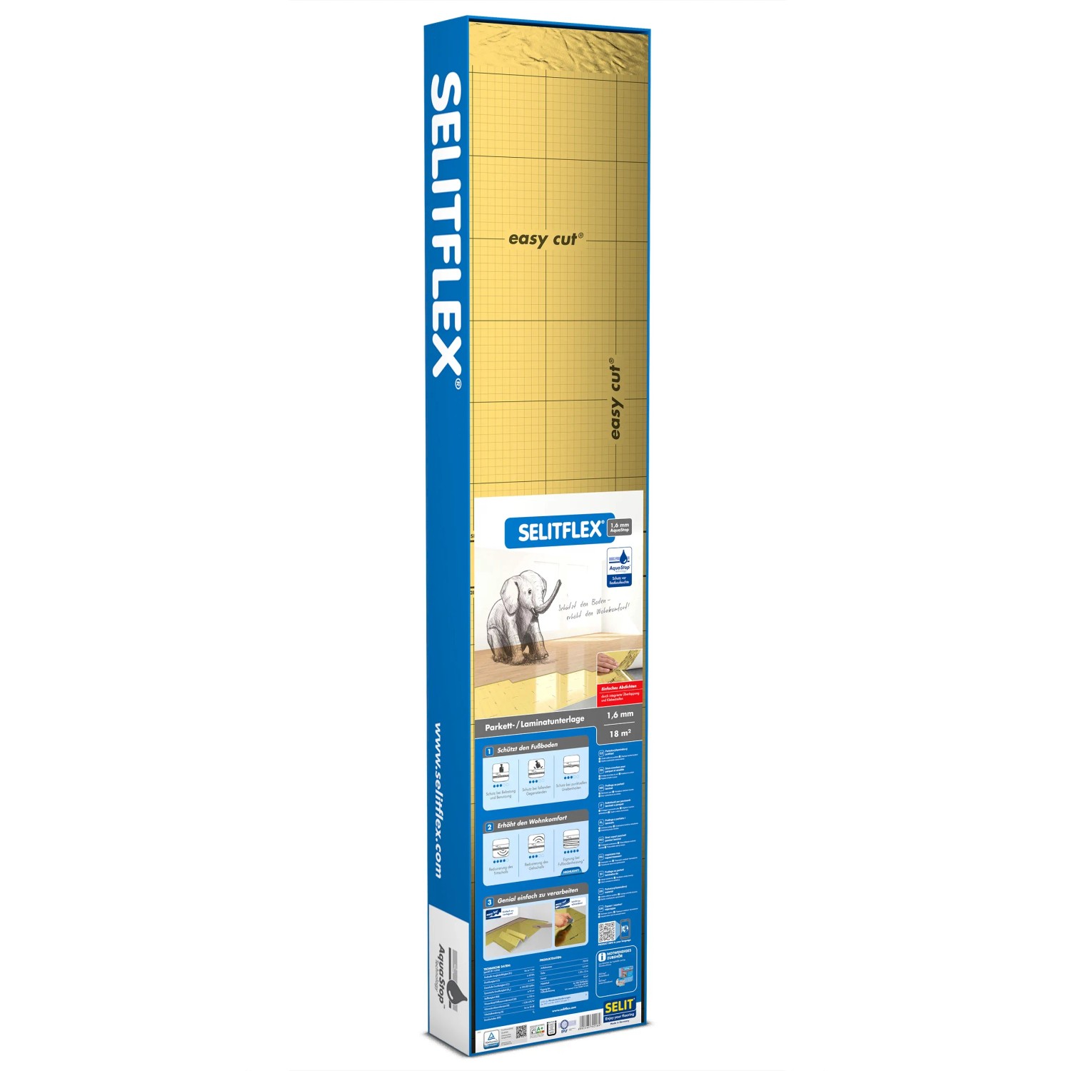 Verpackung Selitflex Trittschalldämmung 1,6mm, 18m² mit AquaStop für Laminat und Parkett.