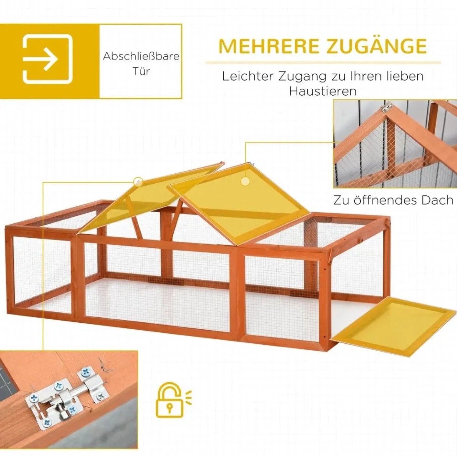 PawHut Freilaufgehege aus Tannenholz mit Maschendraht. Offenes Dach und seitlicher Zugang für Kleintiere.
