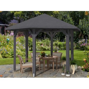 Skan Holz Pavillon Nancy, schiefergrau, 420x364 cm, Leimholz. Gartenlaube mit Tisch und Stühlen im Garten.