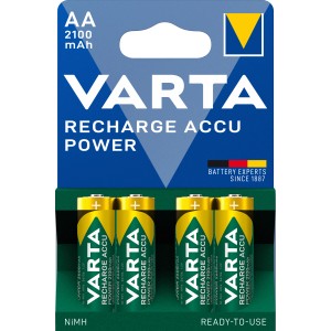 Varta Recharge Akku Power Mignon (AA) 2100 mAh, 4er-Pack, wiederaufladbare Batterien.