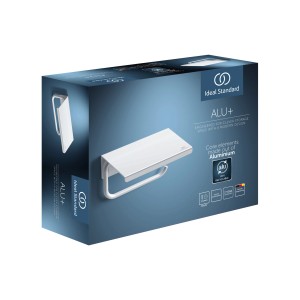 Verpackung des Ideal Standard Papierrollenhalters mit Ablage in Silber. Badzubehör aus Aluminium.