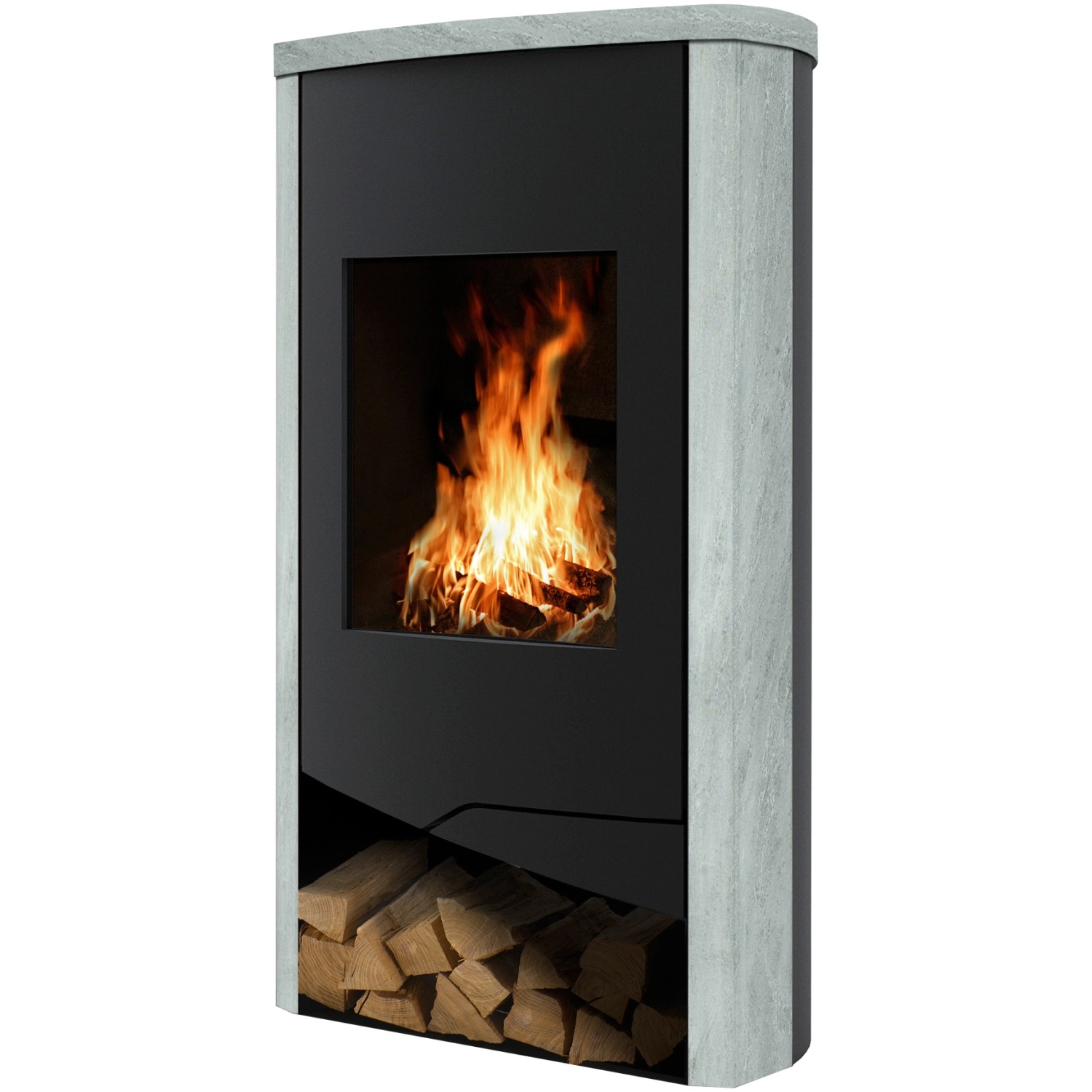 Wamsler Nevada Kaminofen mit Specksteinverkleidung, schwarz, 5 kW, mit Holzscheiten im unteren Fach.