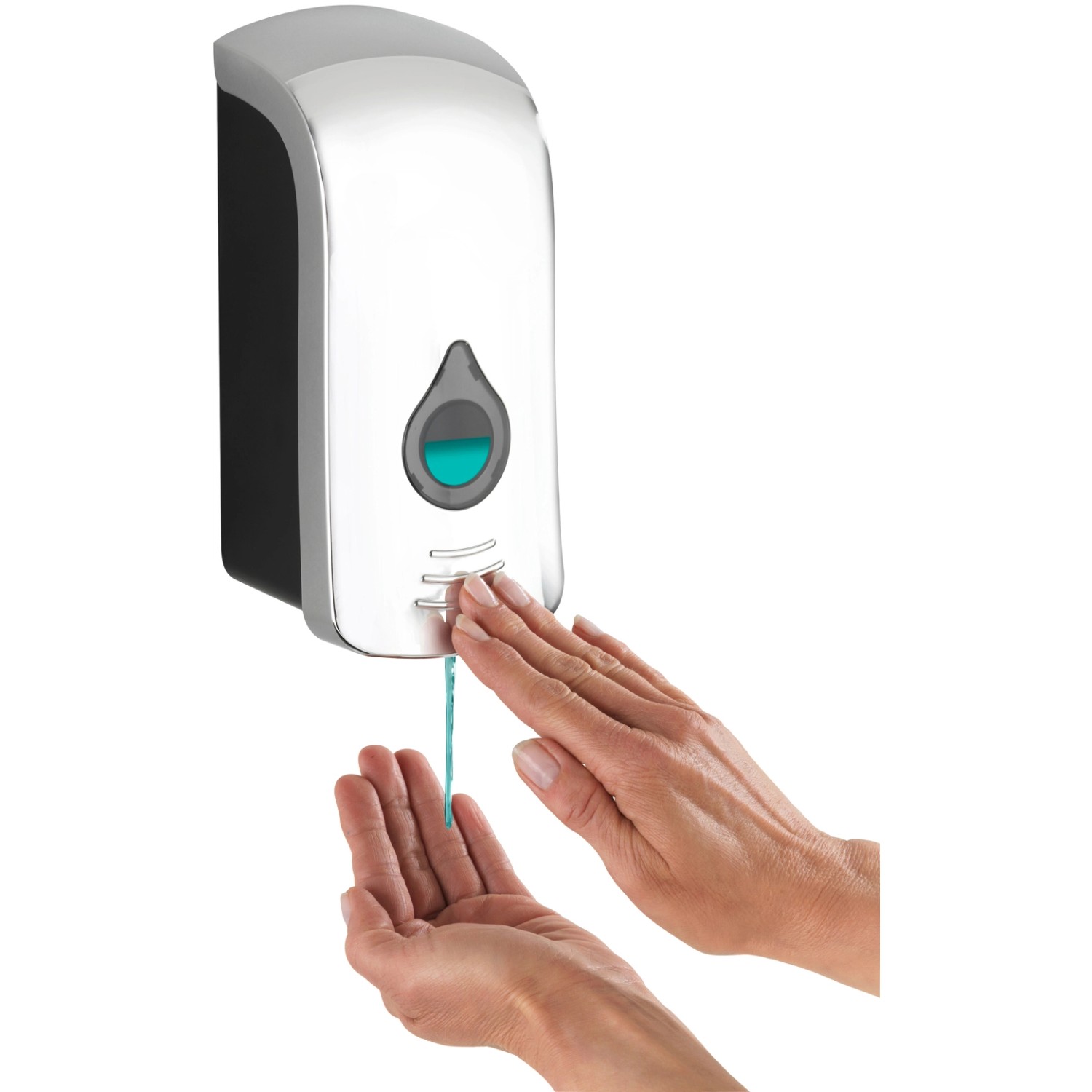 Wenko Ranera Seifenspender L Chrom, Wandmontage, mit Händen unter der Seife. Ideal für Bad & Küche.