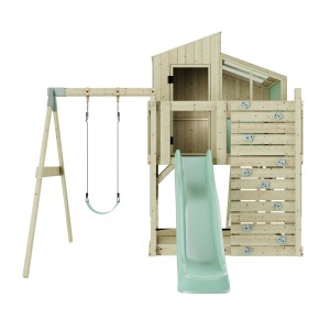 PolarPlay Kinderschaukel Lotta mintgrün mit Spielturm, Rutsche und Kletterwand.