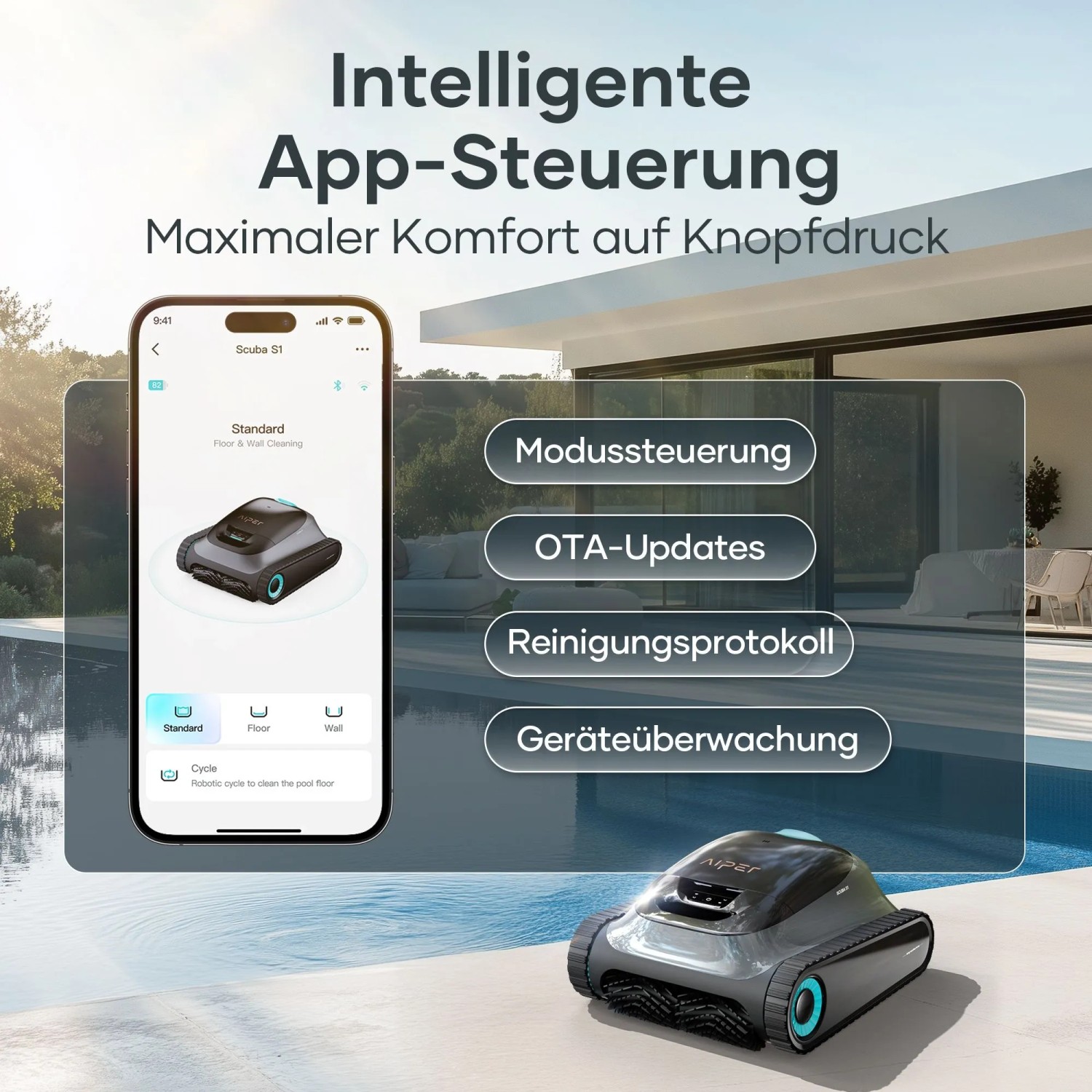 Poolroboter Scuba S1 mit App-Steuerung am Poolrand; Smartphone zeigt Reinigungsmodi und Geräteüberwachung.