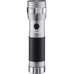 Varta LED-Taschenlampe Brite Essential F10, silberfarben mit schwarzem Griff.