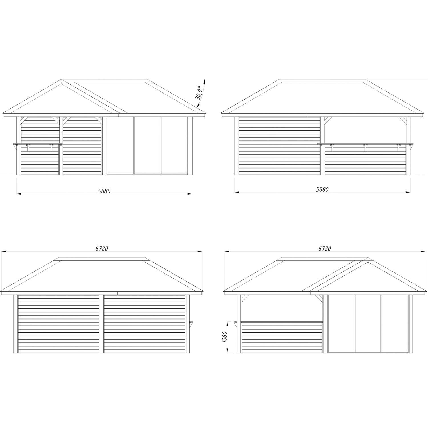 Skizze des Palmako Pavillon Bianca Set 210 mit Maßen, naturbelassenes Holz, Schiebetüren.
