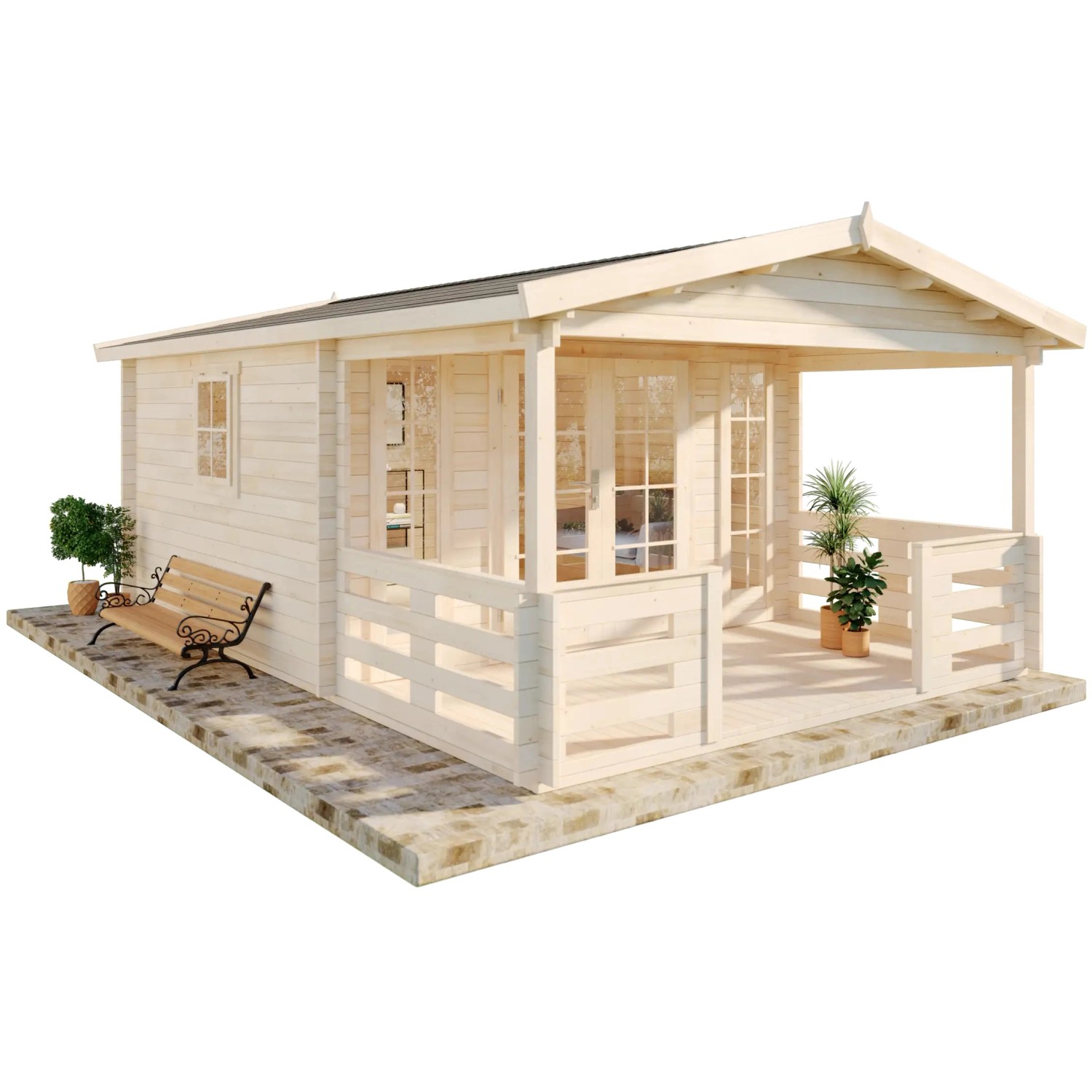 Imprägniertes Alpholz Gartenhaus Lappland-40 A mit Satteldach und überdachter Veranda.