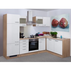 Moderne Winkelküche in Weiß Hochglanz und Sonoma Eiche Optik mit E-Geräten.