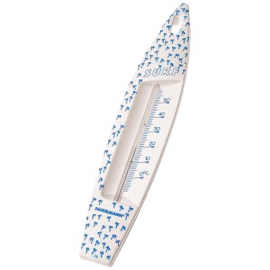 Fackelmann Badethermometer in Surfbrett-Form, weiß mit blauen Palmen.