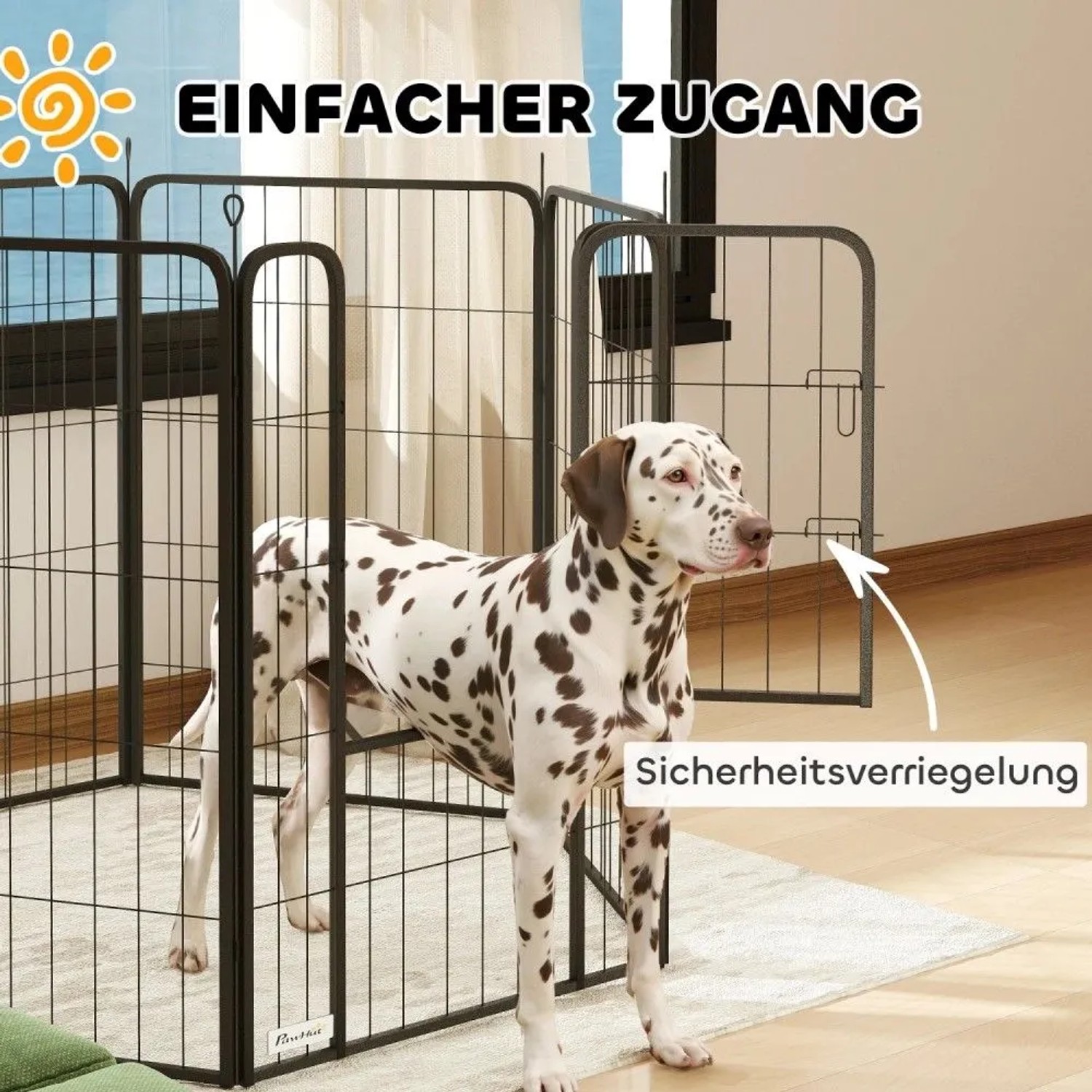 Schwarzer PawHut Stahl Welpenlaufstall mit Tür und Sicherheitsverriegelung, Dalmatiner im Inneren. Sicherer Hundeauslauf.