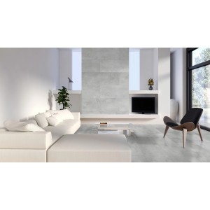 Heller Wohnraum mit Classen Ceramin Fliese Neo Vario Delphi im Großformat als Wand- und Bodenfliese.