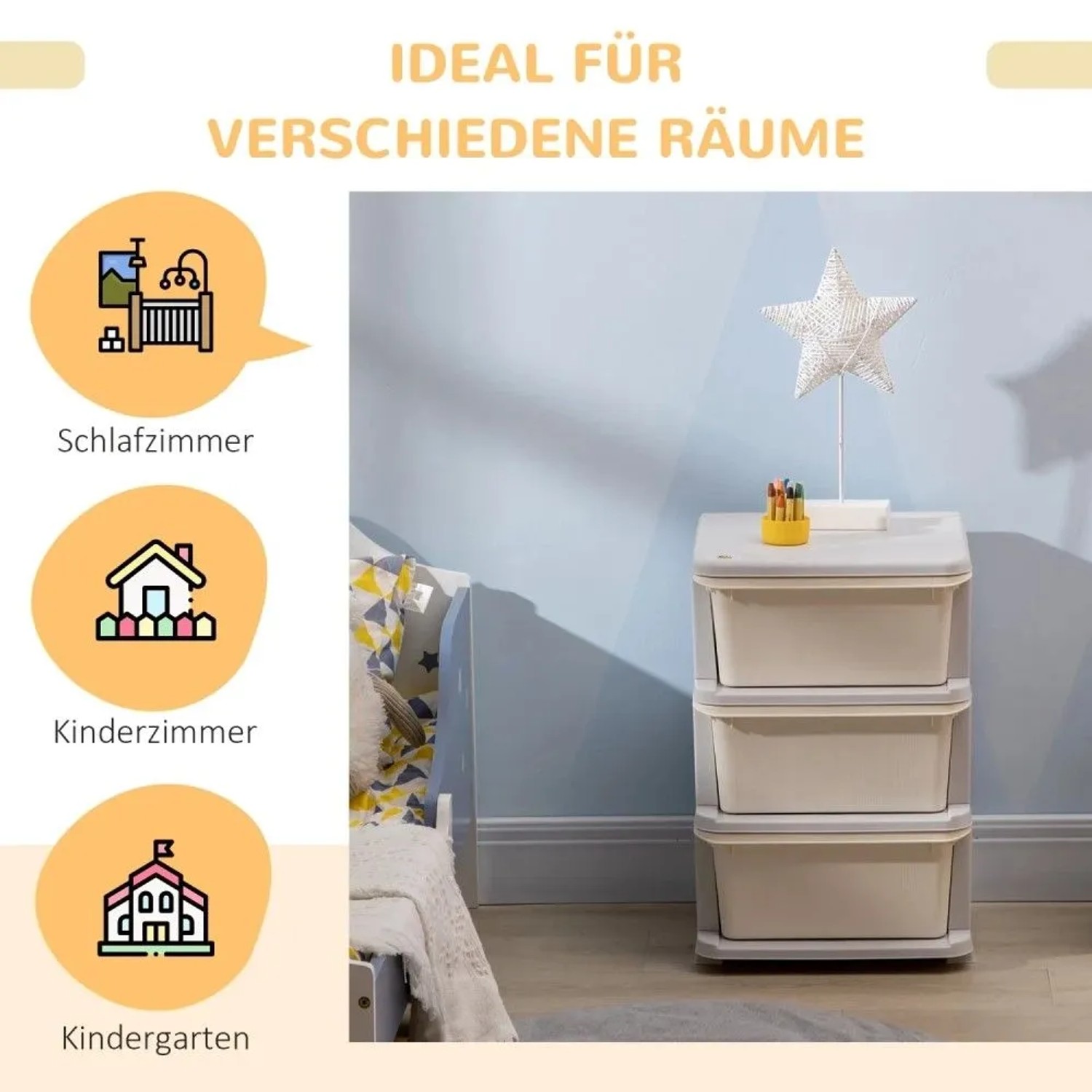 Cremeweißer HOMCOM Schubladenschrank mit 3 Aufbewahrungsboxen im Kinderzimmer. Für Stauraum & Ordnung.