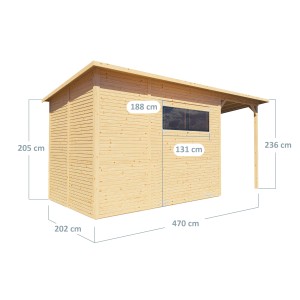 Bertilo Gerätehaus Pent Modern 3 Plus aus Holz, naturbelassen, mit Maßen.