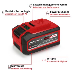 Einhell Akku 18V 5-8Ah Multi-Ah PXC Plus, rot/schwarz. Akku für Elektrowerkzeuge mit Digitalanzeige.