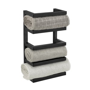Wenko Handtuchregal Fondiro, schwarz matt, aus lackiertem Stahl mit drei gerollten Handtüchern.