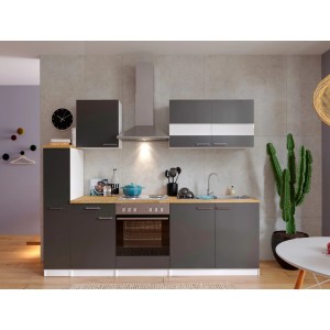 Respekta Küchenzeile KB240WG in Grau-Weiß mit E-Geräten und Nussbaum Arbeitsplatte.