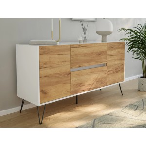 Posseik Sideboard Industrial F, weiß/Eiche, 140 cm breit, mit 2 Schubladen und 2 Türen.