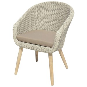 Gartenstuhl Arvada mit Polyrattan-Sitzschale und Auflage in Muskatnussbraun/Taupe.