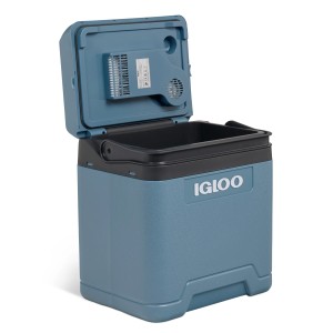 Geöffnete Igloo Kühlbox IE27 DC, 26 l, eisblau. Thermoelektrische Box mit Lüfter.