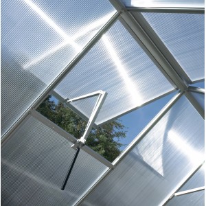 Automatischer Dachlüfter Thermovent im Gewächshaus, geöffnet, silberfarben.