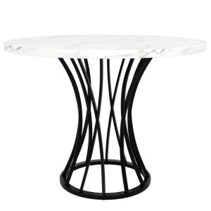 Runder Esstisch mit weißer Marmoroptik-Platte und elegantem, schwarzem Metallgestell. Modernes Design für Esszimmer.