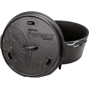Schwarzer Petromax Dutch Oven FT9 mit Deckel und Füßen, ideal zum Kochen und Backen im Freien.