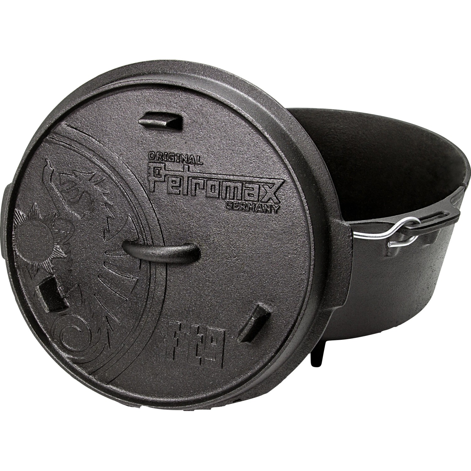 Schwarzer Petromax Dutch Oven FT9 mit Deckel und Füßen, ideal zum Kochen und Backen im Freien.