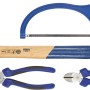 Werkzeugset von LUX-Tools aus dem Werkzeugkoffer Comfort: Hammer, Säge, Kombizange und Seitenschneider.