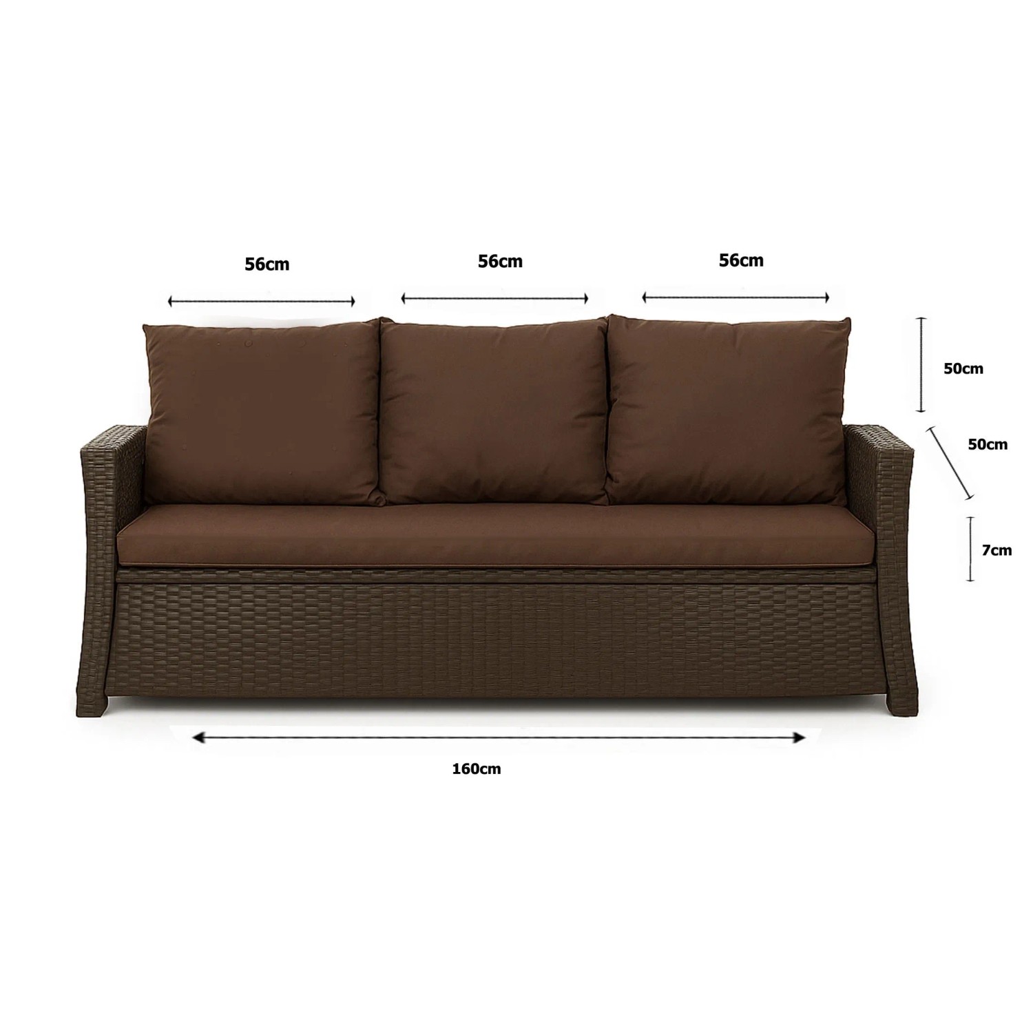 Braunes 3-Sitzer Gartensofa mit Kissen Setgarden Mix-Techno 160x50x50 cm für Polyrattan Möbel.