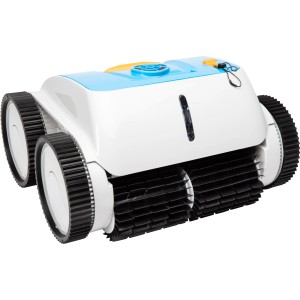 Steinbach Poolrunner Battery Pro Poolroboter in Weiß und Blau mit Bürsten und Rädern.
