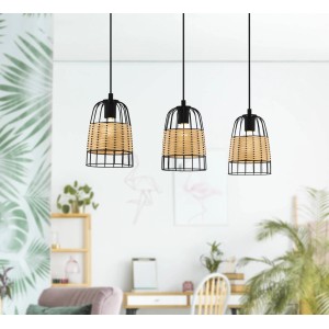 Eglo Hängeleuchte Anwick, 3-flammig, schwarz-natur, mit Rattan-Schirm, für E27 Leuchtmittel