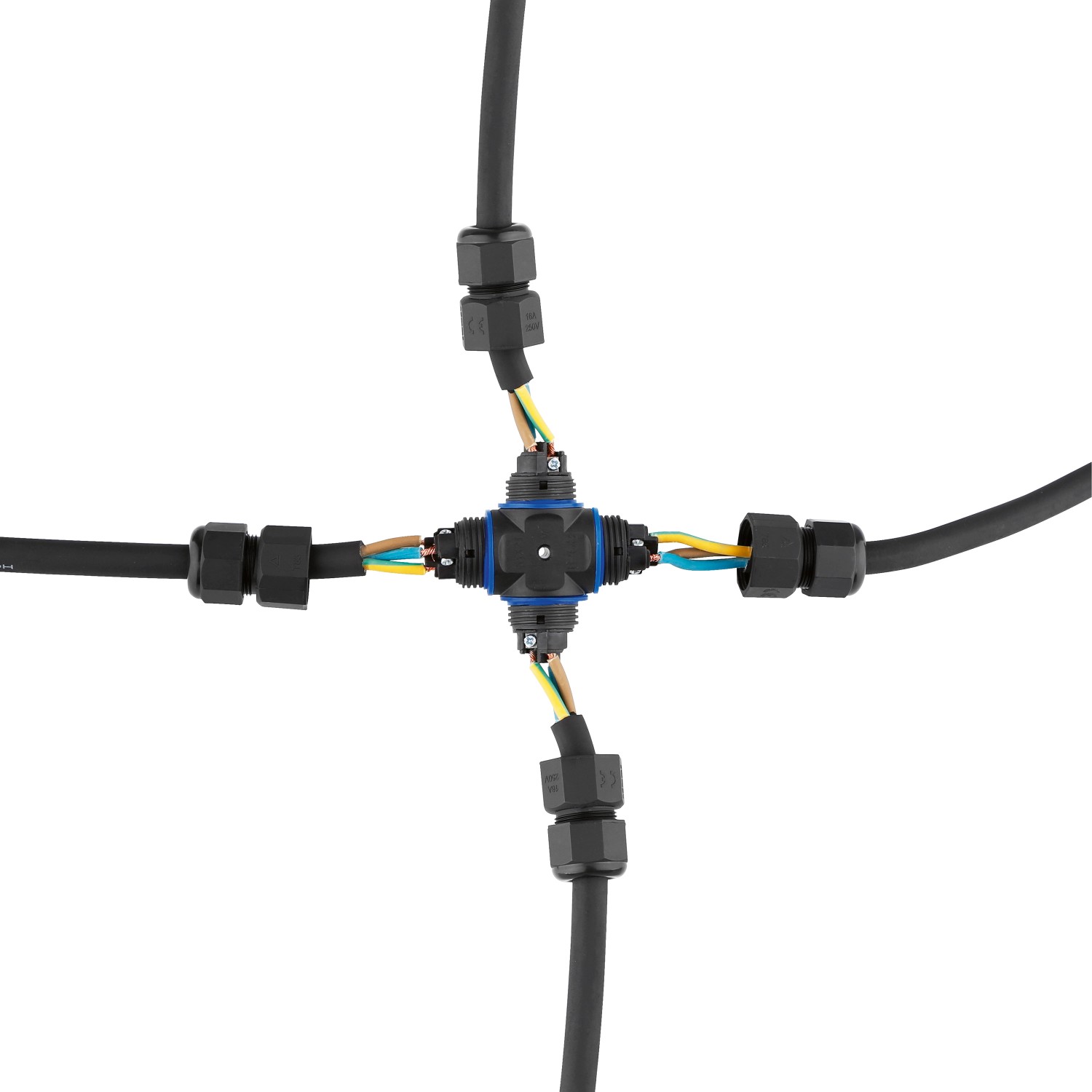 Wasserdichter 4-fach Stecker (0,75-1,5 mm²) IP68 für Kabelverbindungen im Außenbereich.