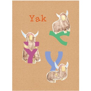 Komar Wandbild ABC Animal Y: Yak-Illustration mit Buchstaben auf braunem Hintergrund.