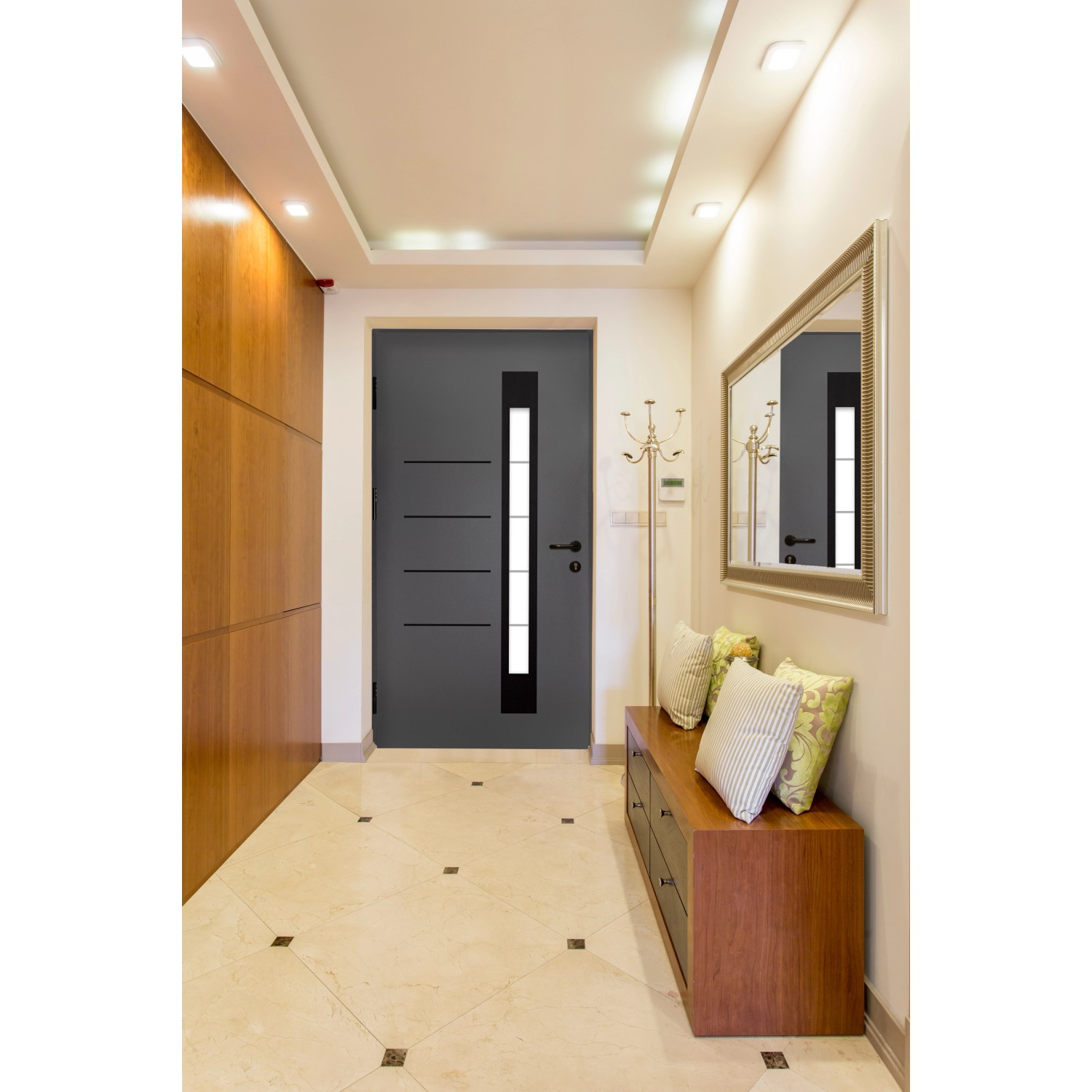 Moderne anthrazitfarbene Splendoor Sicherheits-Haustür Berlin Prime RC2 mit Glaseinsatz.