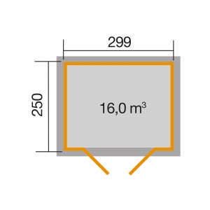 Grundriss Weka Holz-Gartenhaus 323: 299x250 cm, versetztes Satteldach, 16 m³ Volumen.